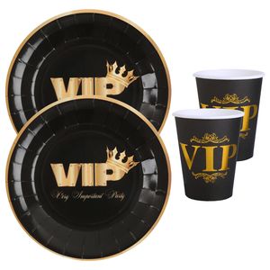 VIP thema feest wegwerp servies set - 10x bordjes / 10x bekers - zwart/goud