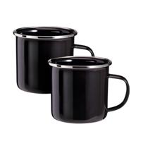 Redcliffs Drinkmokken - 2x stuks - zwart - 350 ml - emaille - kamperen/outdoor - mokken/bekers
