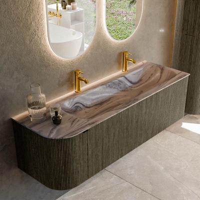 Badmeubel Mondiaz Kurve-Dlux | 145 cm | Meubelkleur Shadow | Wastafelkleur Sombra | Solid surface | Wasbak rechter zijde spoelbak | 2 kraangaten