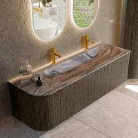 Badmeubel Mondiaz Kurve-Dlux | 145 cm | Meubelkleur Shadow | Wastafelkleur Sombra | Solid surface | Wasbak rechter zijde spoelbak | 2 kraangaten
