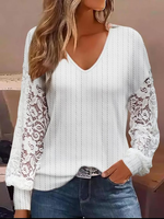 Casual V Neck Lace Loose Shirt - thumbnail