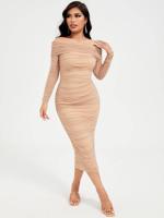 Apricot Off Shoulder Ruched Mesh Bodycon Prom Party Dress Apricot / XL