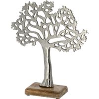 Decoratie levensboom van aluminium op houten voet 25 cm zilver