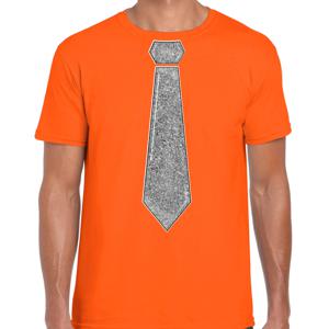 Verkleed t-shirt voor heren - stropdas glitter zilver - oranje - carnaval - foute party