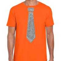 Verkleed t-shirt voor heren - stropdas glitter zilver - oranje - carnaval - foute party - thumbnail