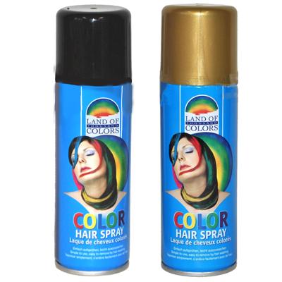 Carnaval verkleed haarverf - haarspray - kleuren goud en zwart - 111 ml per flacon Carnaval verkleed haarverf - haarspray - kleuren goud en zwart - 111 ml per flacon
