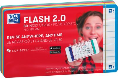 Oxford Flash 2.0 flashcard starterkit, gelijnd, A7, assorti, pak van 80 vel