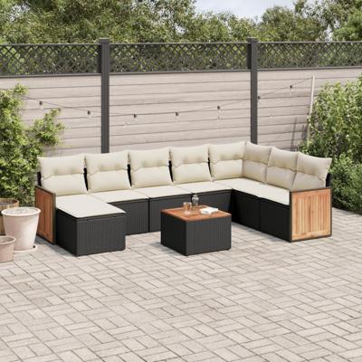 9-delige Loungeset met kussens poly rattan zwart