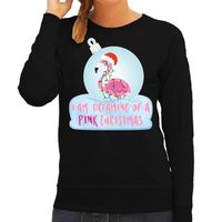 Flamingo Kerstbal sweater / Kerst outfit I am dreaming of a pink Christmas zwart voor dames