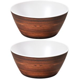 2x Melamine serveerschaaltjes bruine houtprint/wit 15 cm