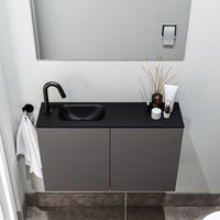 Zaro Polly toiletmeubel 80cm donkergrijs met zwarte wastafel met kraangat links - thumbnail