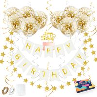 Fissaly® Verjaardag Slinger Wit & Goud met Papieren Confetti Ballonnen – Decoratie – Happy Birthday - Letterslinger - thumbnail