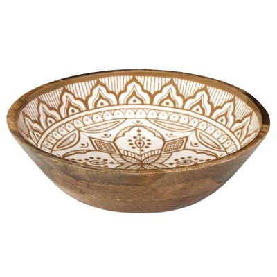 Salade serveer schaal - Fruitschaal/fruitmand - mango hout - D28 x H7 cm - bruin/print