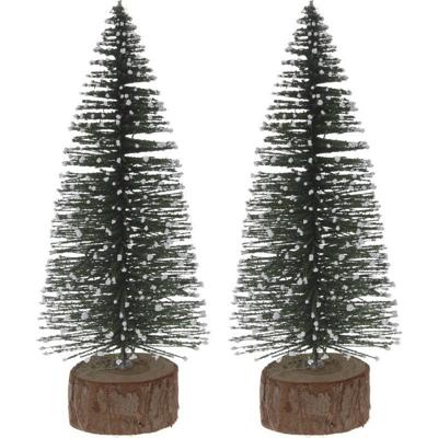 Mini decoratie kerstboompje - 2x - 25 cm - groen - voor kerstdorp of tafeldecoratie - kerstversierin