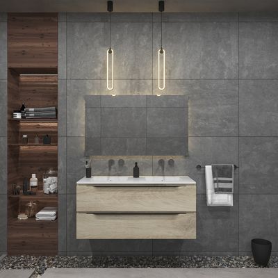 Badkamermeubelset Gliss Design Hera Mat Zwart 120cm 4 Laden Licht Grijs Eiken (Keuze Wastafel)