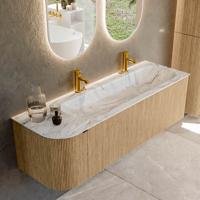 Badmeubel Mondiaz Kurve-Dlux | 145 cm | Meubelkleur Oak | Wastafelkleur Glace | Solid surface | Rechts spoelbak | 2 kraangaten