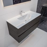 Mondiaz Vica Denia badmeubel eiken donker bruin 100 cm 2 lades keramiek enkele spoelbak midden 1 kraangat