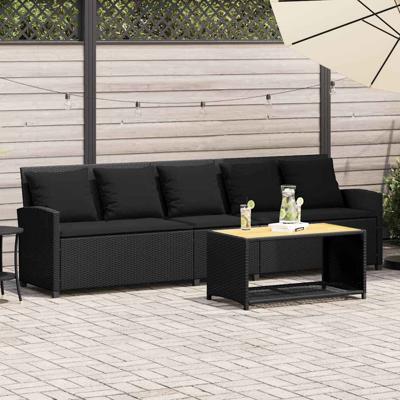 Tuinbank 5-zits met kussens poly rattan zwart