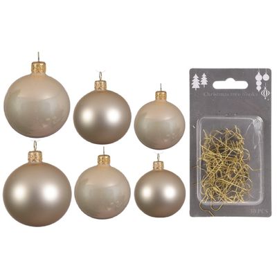 Groot pakket glazen kerstballen 50x champagne glans/mat 4-6-8 cm incl haakjes