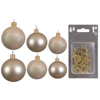 Groot pakket glazen kerstballen 50x champagne glans/mat 4-6-8 cm incl haakjes