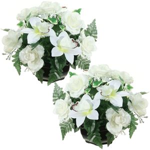 Kunstbloemen plantje orchidee/rozen in pot - 2x - kleuren creme/wit - 25 cm - Bloemstuk - Bladgroen