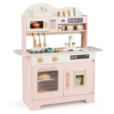 Kinderkeuken Houten Speelkeuken met Opbergruimte en 17 Accessoires Houten Keuken voor Kinderen vanaf 3 Jaar-Roze