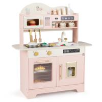Kinderkeuken Houten Speelkeuken met Opbergruimte en 17 Accessoires Houten Keuken voor Kinderen vanaf 3 Jaar-Roze