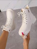 Bon&Bon Women's White PU Leather Winter Lace-Up Boots with Zipper 36.5