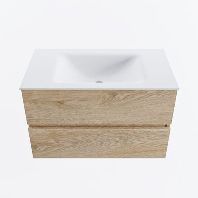 MONDIAZ VICA 80cm badmeubel onderkast Washed Oak 2 lades. Wastafel CLOUD midden zonder kraangat, kleur Talc.