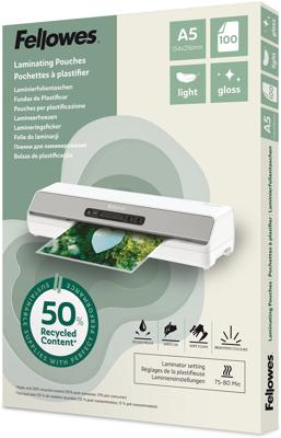 Fellowes lamineerhoes 50 % gerecycleerd, glanzend, ft A5, pak van 100 stuks