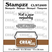 Crealies • stampzz stempelset jarig 03: 2 teksten + 1 tag/label