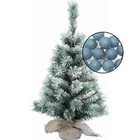 Mini kerstboom besneeuwd met verlichting - in jute zak - H60 cm - blauw - Kunstkerstboom