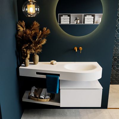 MONDIAZ RIVA 120cm badmeubel onderkast / planchet kleur Talc met 1 lade. Wastafel DULCET rechts 0 kraangaten kleur Talc. MONDIAZ RIVA 120cm badmeubel onderkast / planchet kleur Talc met 1 lade. Wastafel DULCET rechts 0 kraangaten kleur Talc.