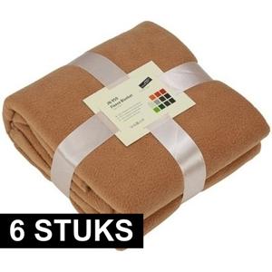 Fleece bankdeken/plaid - 6x - camel - 130 x 170 cm - 240 grams - pluisvrij - wasbaar