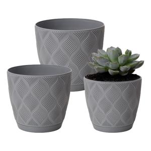 Form Plastic Plantenpot set New Age - 3x stuks - kunststof - platina grijs - met schotel