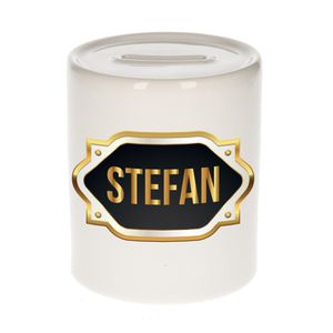 Naam cadeau spaarpot Stefan met gouden embleem