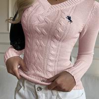 Bon&Bon Women's V-Neck Cable-Knit Sweater - Slim Fit Beige Pullover Pink-3 / S