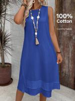 Bon&Bon Khaki Cotton Sleeveless Round Neck A-Line Dress Royal Blue / XL