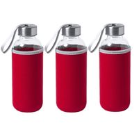 6x Stuks glazen waterfles/drinkfles met rode softshell bescherm hoes 420 ml