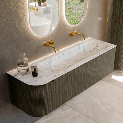 Badmeubel Mondiaz Kurve-Dlux | 145 cm cm | Meubelkleur Shadow | Wastafelkleur Glace | Solid surface | Wasbak rechter zijde spoelbak | Zonder kraangat(en)