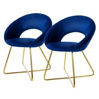 ML-Design eetkamerstoelen set van 2 blauw fluweel, woonkamerstoel met ronde rugleuning gestoffeerde met goudkleurige