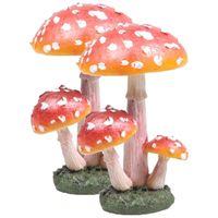 Decoratie huis/tuin beeldje paddenstoelen - 2x - lage hoed - vliegenzwammen - rood/wit - 10 cm - thumbnail