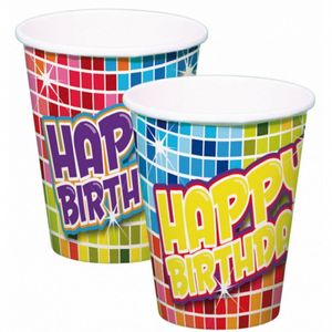 18x stuks Happy Birthday thema verjaardag bekertjes van papier - Feestbekertjes