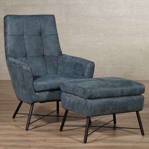 Leren fauteuil volledig gestoffeerd - met hoge rug - met hocker - blauw leer - Echt leer, Modern, ontdek de vele Leersoorten en Kleuren bij ShopX