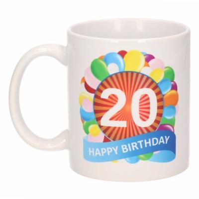 20 jaar Verjaardag koffiemok - cadeau beker - feestelijke ballonnen print - 300 ml - keramiek - wit