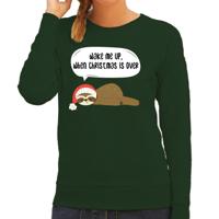 Luiaard Kerstsweater - Wake me up when christmas is over - groen - voor dames