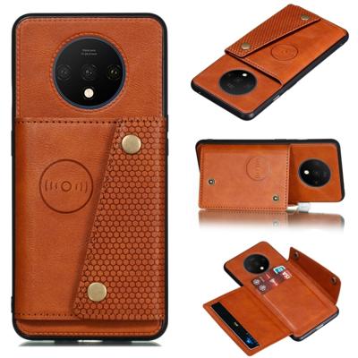 Voor OnePlus 7T schokbestendige magnetische PU + TPU beschermhoes met kaartsleuven (bruin)