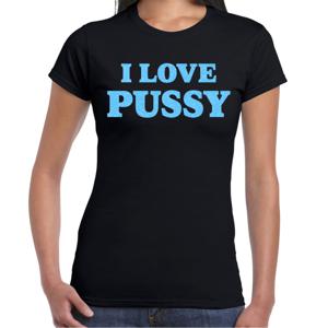 Foute party t-shirt dames - I love pussy - zwart - glitter blauw - carnaval/themafeest