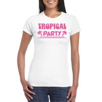 Tropical party T-shirt voor dames - met glitters - wit/roze - carnaval/themafeest - thumbnail