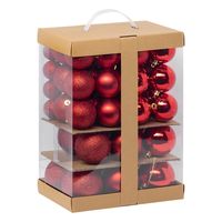 Kerstballen - 60x st - 4, 6, 7 en 8 cm - rood - kunststof - kerstballenpakket - thumbnail